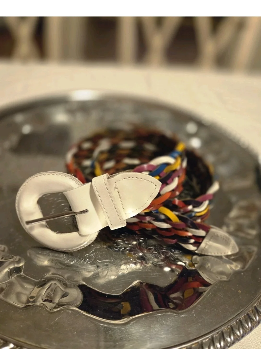 Woven Multicolor Leather Belt with White Buckle